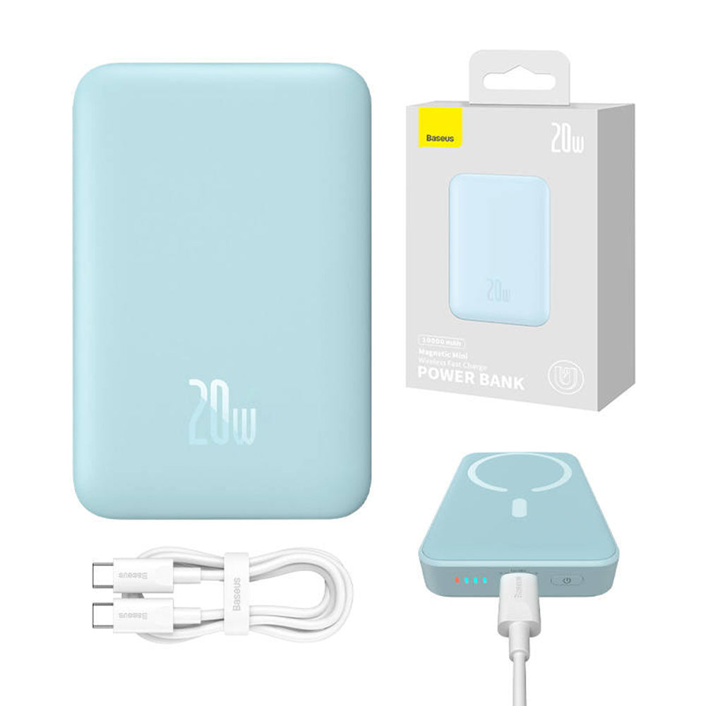 Langaton Baseus Magnetic Mini -ulkoinen akku, 10000mAh, 20W, PD + FQI, 1 x QI - 1 x USB-C, Sininen PPCX110103