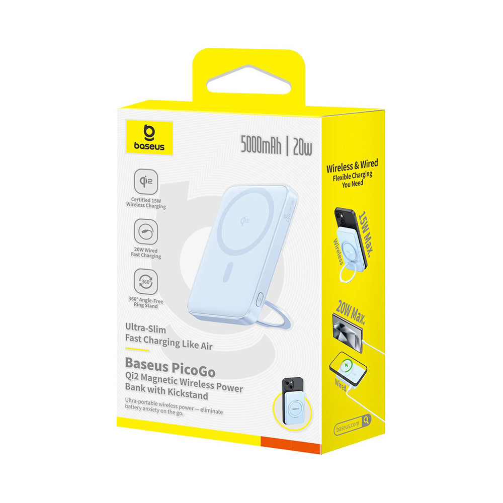 Baseus PicoGo langaton ulkoinen akku, 5000mAh, 20W, PD + FQI, 1 x QI - 1 x USB-C, Sininen P10076800313-00