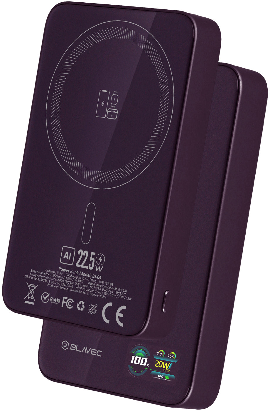 Blavec BJ-04 Slim langaton varavirtalähde, 10 000 mAh, 22,5 W, PD + FQI, 1 x QI – 1 x USB-C, violetti