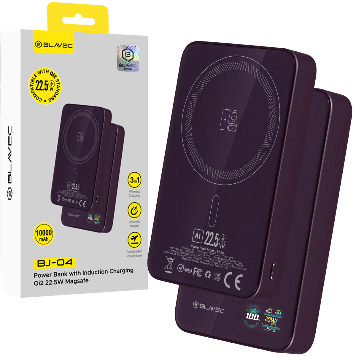 Blavec BJ-04 Slim langaton varavirtalähde, 10 000 mAh, 22,5 W, PD + FQI, 1 x QI – 1 x USB-C, violetti