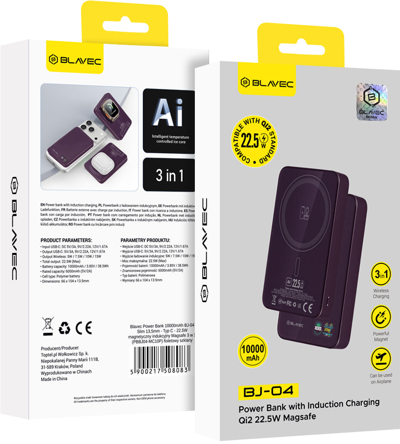 Blavec BJ-04 Slim langaton varavirtalähde, 10 000 mAh, 22,5 W, PD + FQI, 1 x QI – 1 x USB-C, violetti