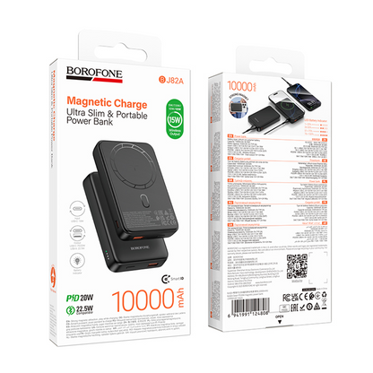Langaton ulkoinen akku Borofone BJ82A Dawn, 10000mAh, 22.5W, QC + PD + FQI, 1 x QI - 1 x USB-A - 1 x USB-C, Musta