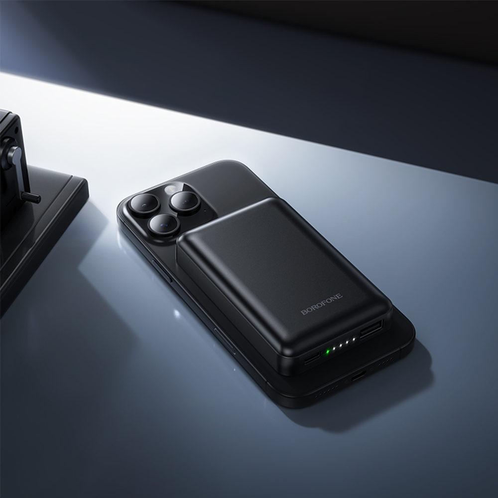 Langaton ulkoinen akku Borofone BJ82 Dawn, 5000mAh, 10W, 1 x QI - 1 x USB-A, Musta