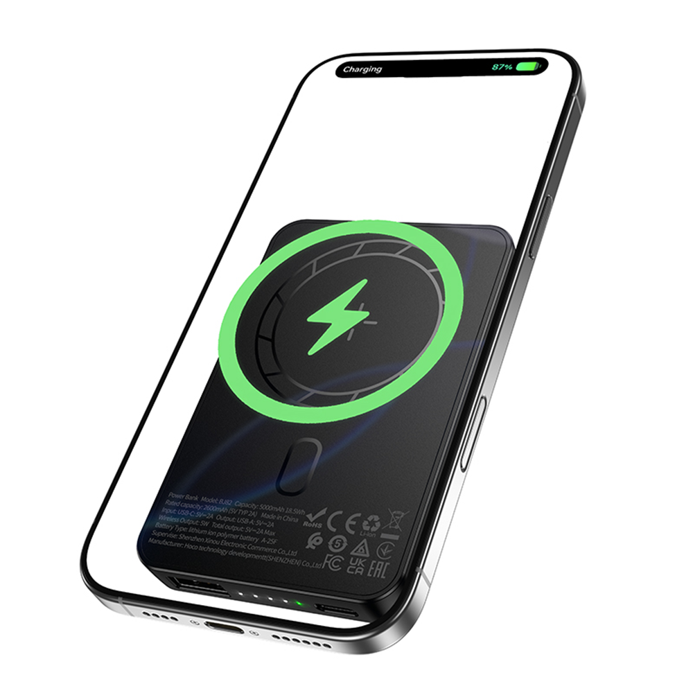 Langaton ulkoinen akku Borofone BJ82 Dawn, 5000mAh, 10W, 1 x QI - 1 x USB-A, Musta