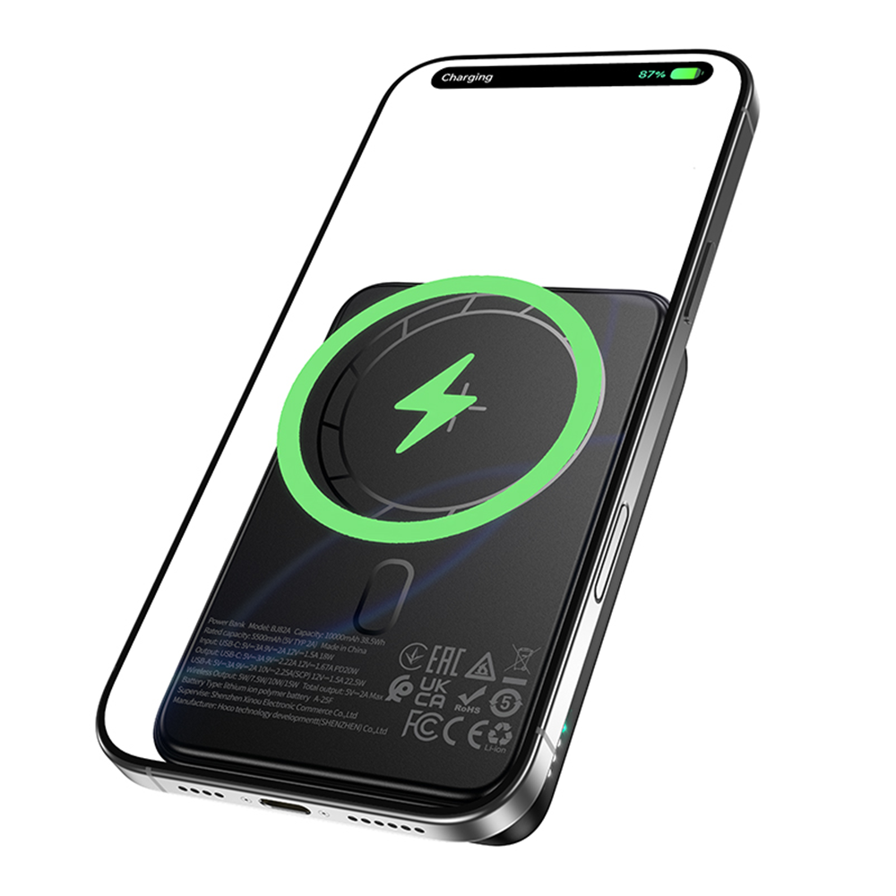 Langaton ulkoinen akku Borofone BJ82A Dawn, 10000mAh, 22.5W, QC + PD + FQI, 1 x QI - 1 x USB-A - 1 x USB-C, Musta