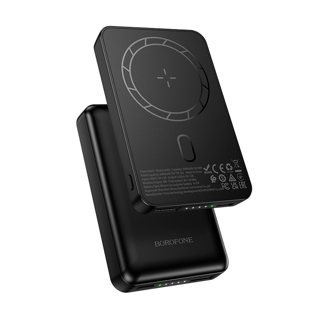 Langaton ulkoinen akku Borofone BJ82 Dawn, 5000mAh, 10W, 1 x QI - 1 x USB-A, Musta