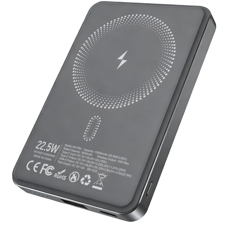 Wireless External Battery BWOO BO-P82, 10000mAh, 22.5W, PD + FQI, 1 x QI - 1 x USB-C, Gray