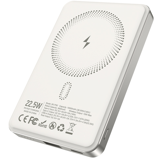 Langaton ulkoinen akku BWOO BO-P82, 10000mAh, 22,5W, PD + FQI, 1 x QI - 1 x USB-C, Valkoinen