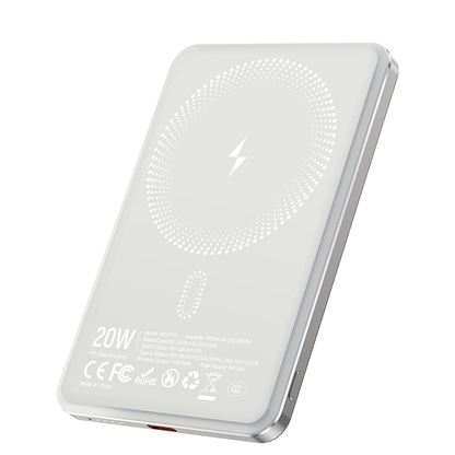 Langaton ulkoinen akku BWOO P79, 5000mAh, 20W, PD + FQI, 1 x QI - 1 x USB-C, Harmaa
