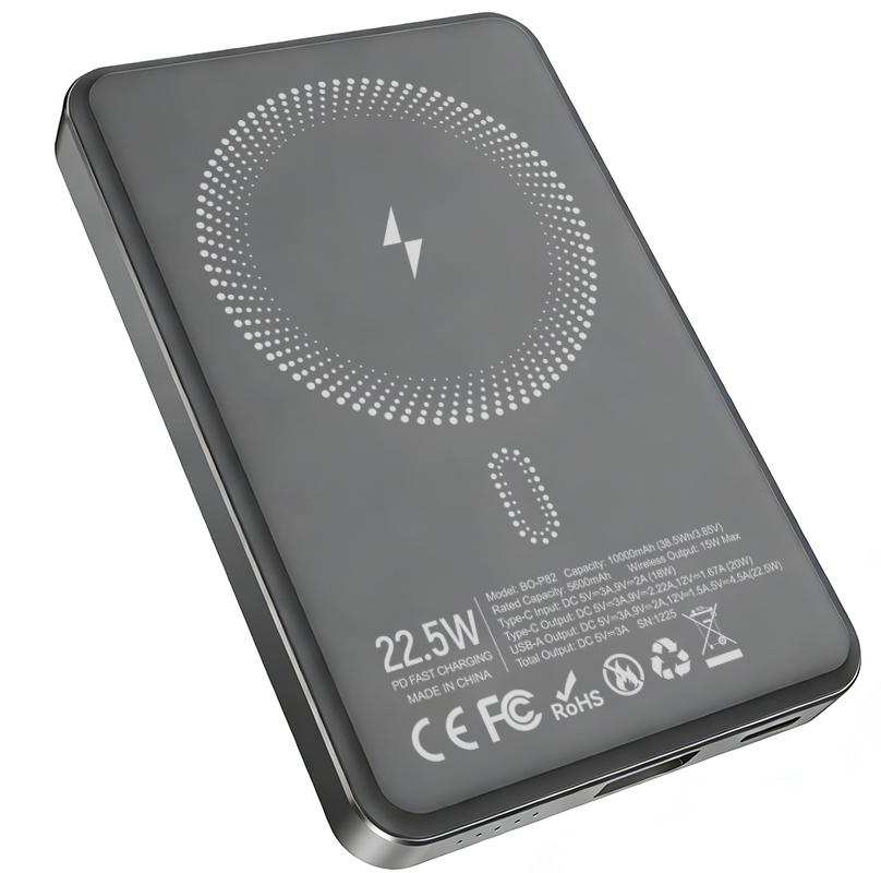 Wireless External Battery BWOO BO-P82, 10000mAh, 22.5W, PD + FQI, 1 x QI - 1 x USB-C, Gray