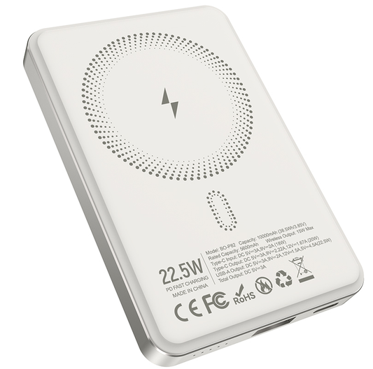 Langaton ulkoinen akku BWOO BO-P82, 10000mAh, 22,5W, PD + FQI, 1 x QI - 1 x USB-C, Valkoinen