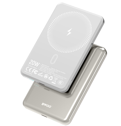 Langaton ulkoinen akku BWOO P79, 5000mAh, 20W, PD + FQI, 1 x QI - 1 x USB-C, Harmaa