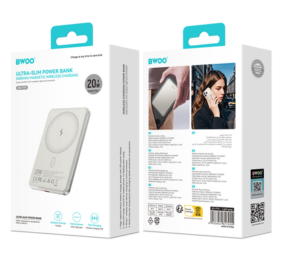 Langaton ulkoinen akku BWOO P79, 5000mAh, 20W, PD + FQI, 1 x QI - 1 x USB-C, Harmaa