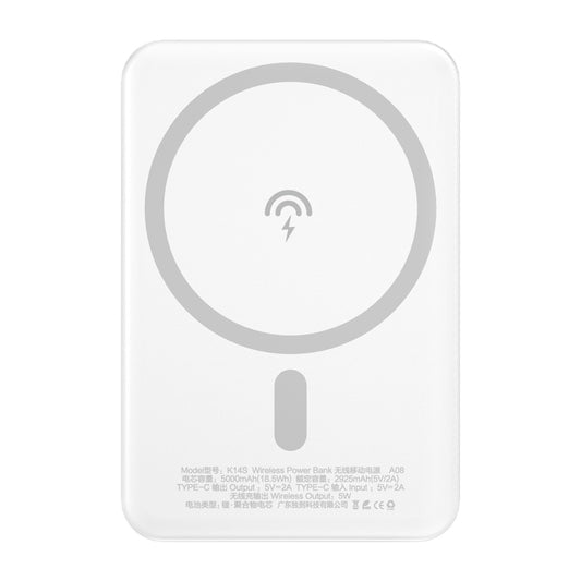 Dudao K14S langaton ulkoinen akku, 5000mAh, 10W, PD + QI, 1 x QI - 1 x USB-C, Valkoinen
