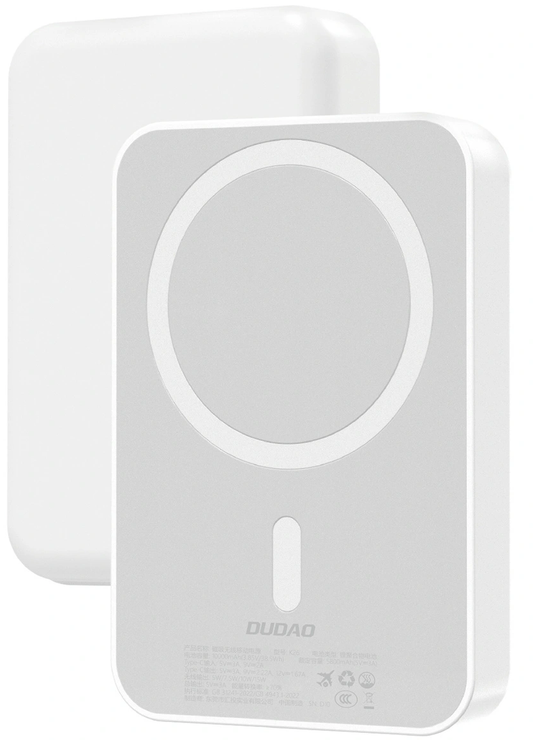 Dudao K26 Langaton Ulkoinen Akku, 10000mAh, 20W, PD + FQI, 1 x QI - 1 x USB-C, Valkoinen