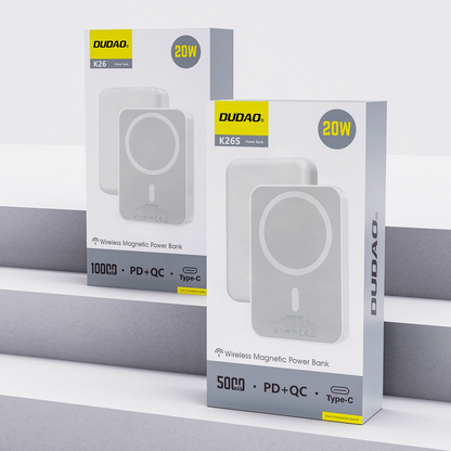 Dudao K26s langaton ulkoinen akku, 5000mAh, 20W, PD + FQI, 1 x QI - 1 x USB-C, Valkoinen