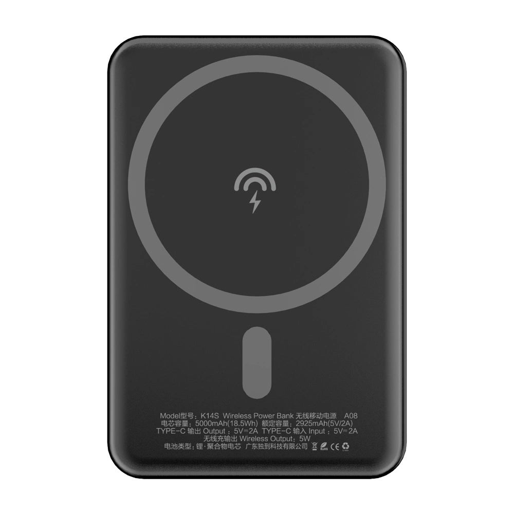 Dudao K14S langaton ulkoinen akku, 5000mAh, 10W, PD + QI, 1 x QI - 1 x USB-C, Musta