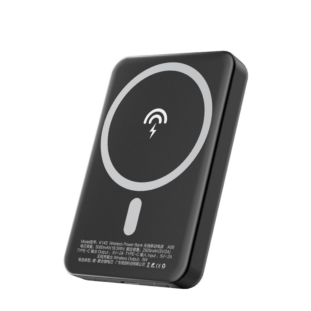 Dudao K14S langaton ulkoinen akku, 5000mAh, 10W, PD + QI, 1 x QI - 1 x USB-C, Musta