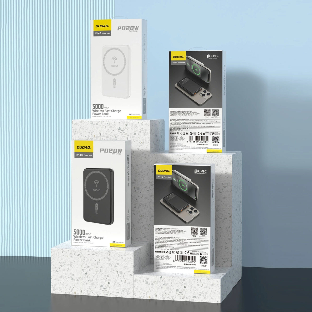 Dudao K14S langaton ulkoinen akku, 5000mAh, 10W, PD + QI, 1 x QI - 1 x USB-C, Musta