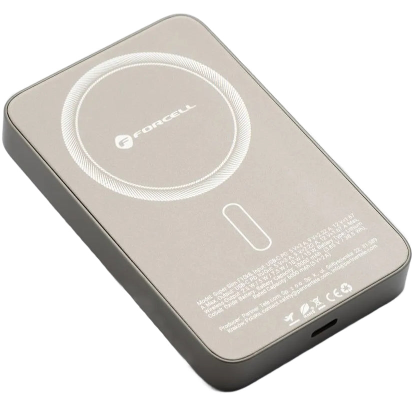 Langaton ulkoinen akku Forcell F10K8, 10000mAh, 15W, PD + FQI, 1 x QI - 1 x USB-C, Kultainen
