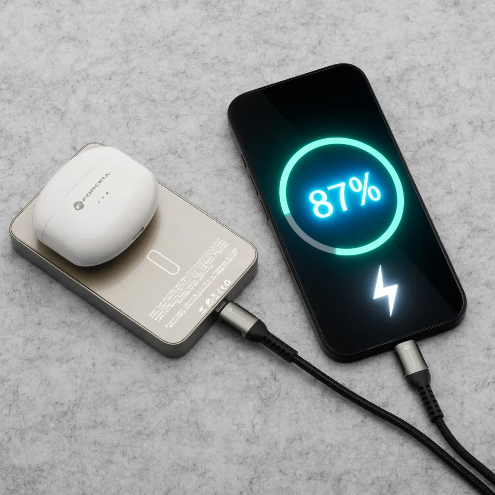 Langaton ulkoinen akku Forcell F10K8, 10000mAh, 15W, PD + FQI, 1 x QI - 1 x USB-C, Kultainen