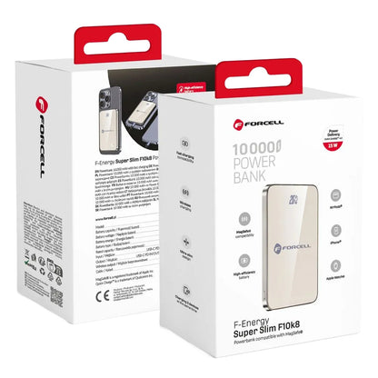 Langaton ulkoinen akku Forcell F10K8, 10000mAh, 15W, PD + FQI, 1 x QI - 1 x USB-C, Kultainen