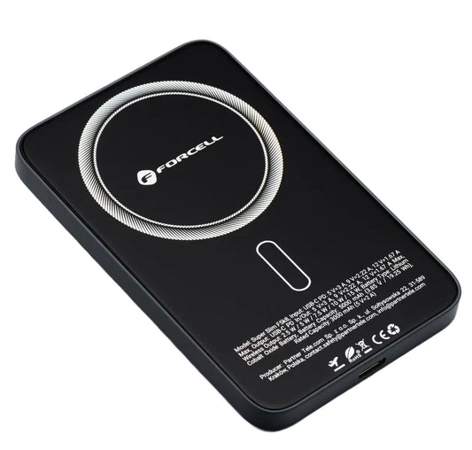 Langaton ulkoinen akku Forcell F5K8, 5000mAh, 15W, PD + FQI, 1 x QI - 1 x USB-C, Musta