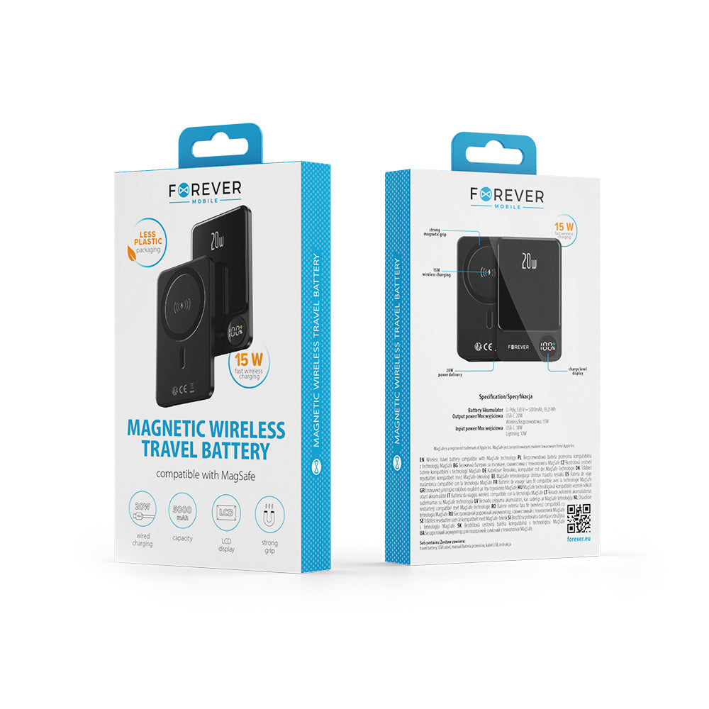 Langaton Ulkoinen Akku Forever MATB-200, 5000mAh, 20W, PD + FQI, 1 x QI - 1 x USB-C, Musta