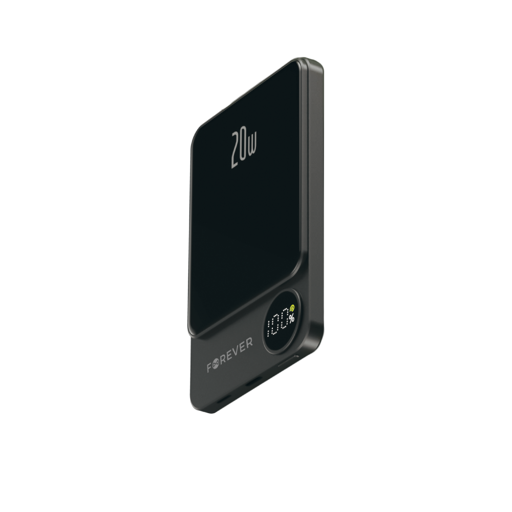 Langaton Ulkoinen Akku Forever MATB-200, 5000mAh, 20W, PD + FQI, 1 x QI - 1 x USB-C, Musta