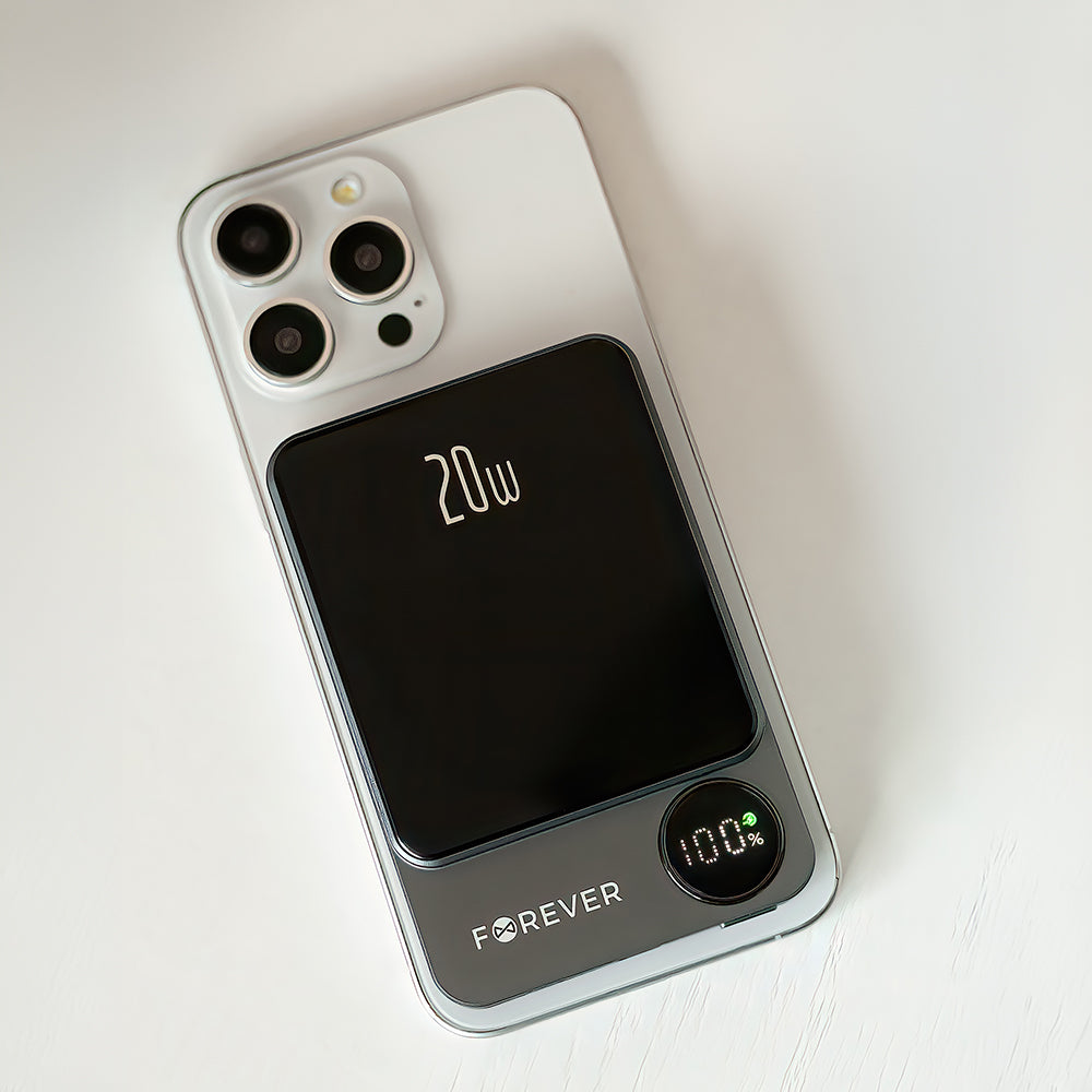 Langaton Ulkoinen Akku Forever MATB-200, 5000mAh, 20W, PD + FQI, 1 x QI - 1 x USB-C, Musta