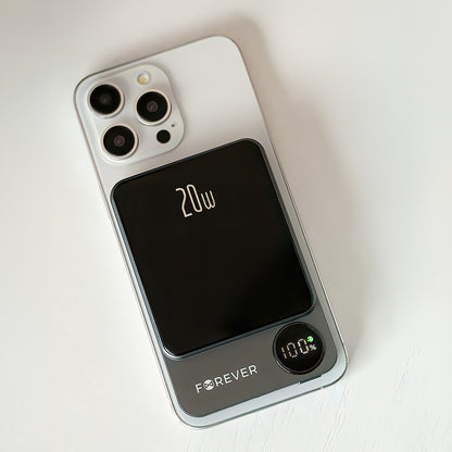 Langaton Ulkoinen Akku Forever MATB-200, 5000mAh, 20W, PD + FQI, 1 x QI - 1 x USB-C, Musta
