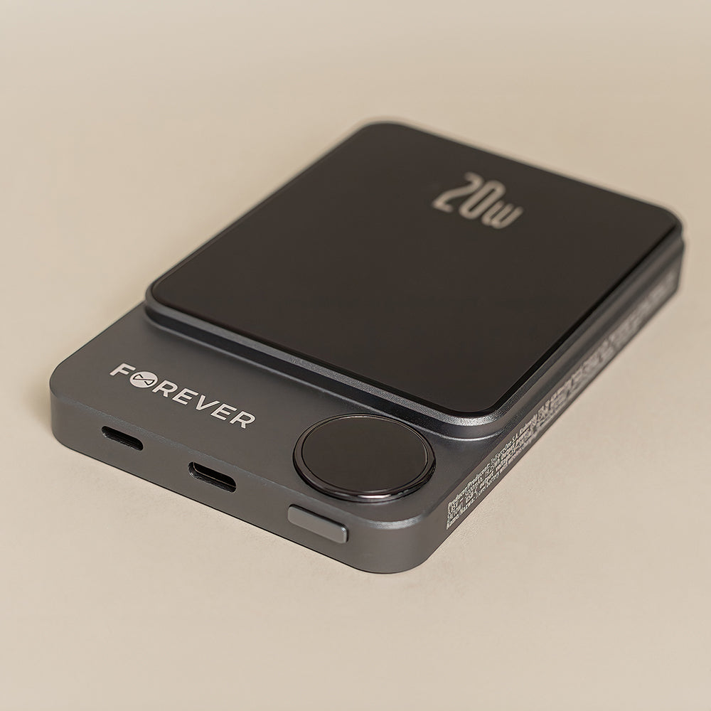 Langaton Ulkoinen Akku Forever MATB-200, 5000mAh, 20W, PD + FQI, 1 x QI - 1 x USB-C, Musta