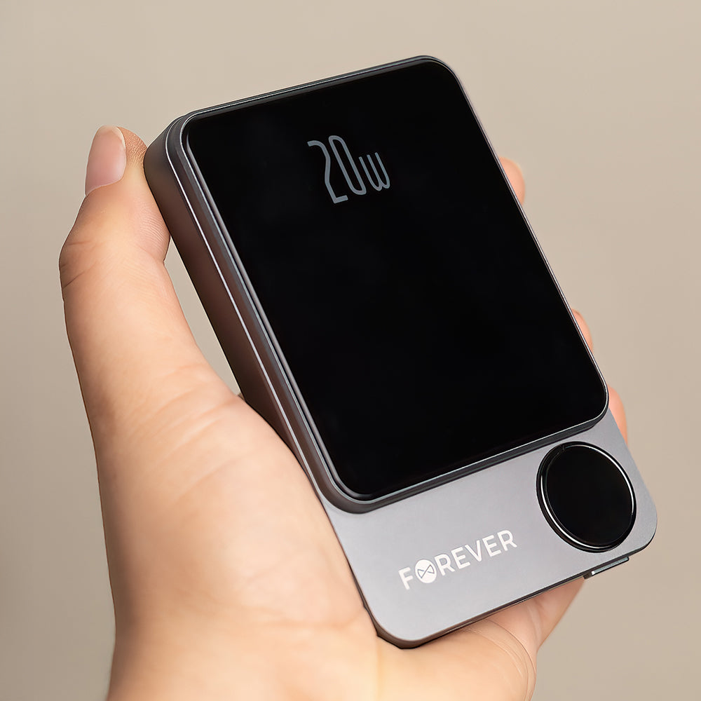 Langaton Ulkoinen Akku Forever MATB-200, 5000mAh, 20W, PD + FQI, 1 x QI - 1 x USB-C, Musta