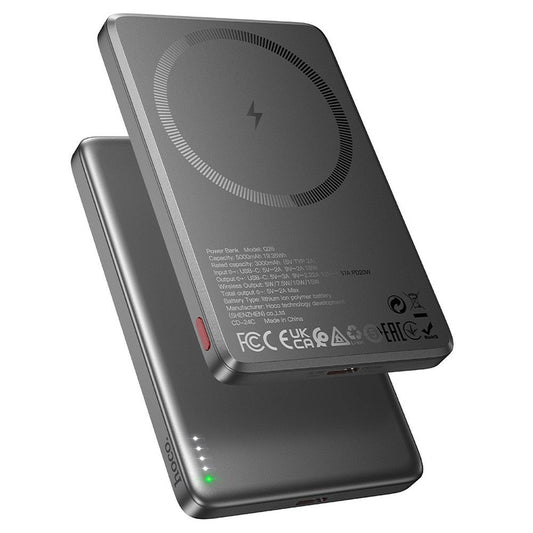 Wireless External Battery HOCO Q26, 5000mAh, 20W, PD + FQI, 1 x QI - 1 x USB-C, Gray