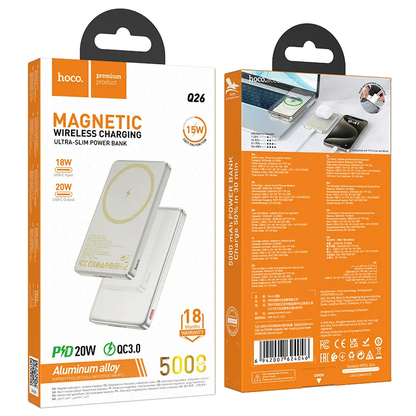 Langaton ulkoinen akku HOCO Q26, 5000mAh, 20W, PD + FQI, 1 x QI - 1 x USB-C, Oranssi