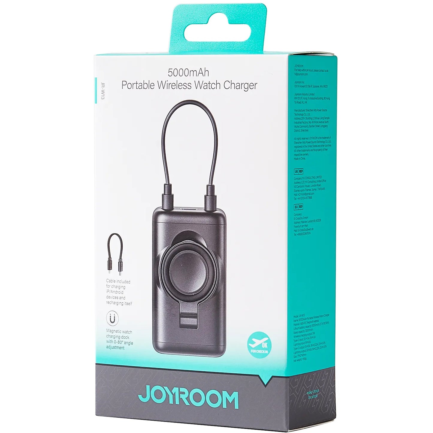 Langaton ulkoinen akku Joyroom JR-W13, 5000mAh, 18W, PD + QI, 1 x Lightning - 1 x QI - 1 x USB-C, Musta