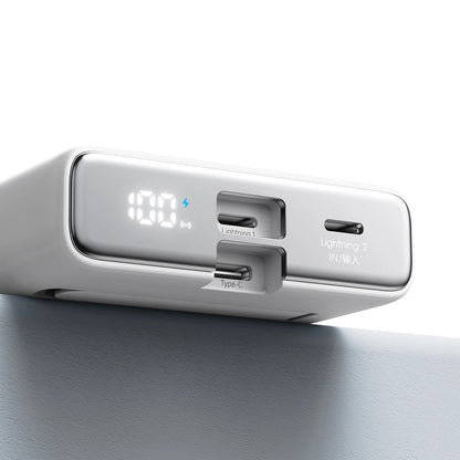 Langaton ulkoinen akku Joyroom JR-PBM01, 10000mAh, 20W, QC + PD + FQI, 1 x Lightning - 1 x QI - 1 x USB-C, Valkoinen