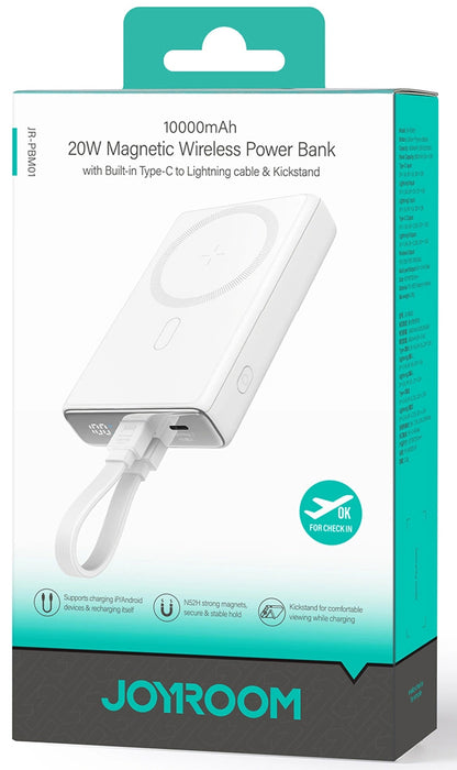 Langaton ulkoinen akku Joyroom JR-PBM01, 10000mAh, 20W, QC + PD + FQI, 1 x Lightning - 1 x QI - 1 x USB-C, Valkoinen