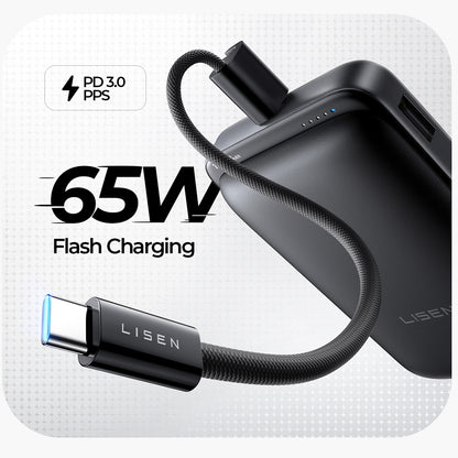 Lisen P604 langaton ulkoinen akku, 10000mAh, 65W, QC + PD + FQI, 1 x QI - 1 x USB-A - 1 x USB-C, musta