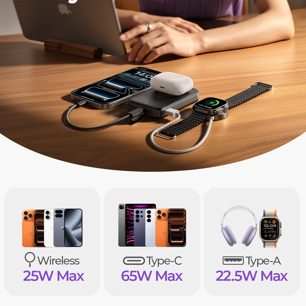 Lisen P604 langaton ulkoinen akku, 10000mAh, 65W, QC + PD + FQI, 1 x QI - 1 x USB-A - 1 x USB-C, musta