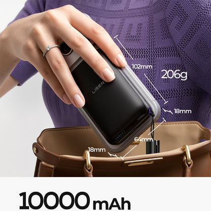 Lisen P604 langaton ulkoinen akku, 10000mAh, 65W, QC + PD + FQI, 1 x QI - 1 x USB-A - 1 x USB-C, musta