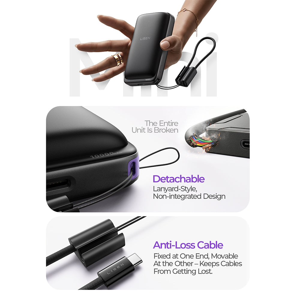 Lisen P604 langaton ulkoinen akku, 10000mAh, 65W, QC + PD + FQI, 1 x QI - 1 x USB-A - 1 x USB-C, musta