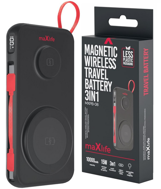 MaXlife MXPB-08 Wireless External Battery, 10000mAh, 22.5W, QC + PD + FQI + QI, 1 x USB-A - 1 x USB-C - 2 x QI, Black
