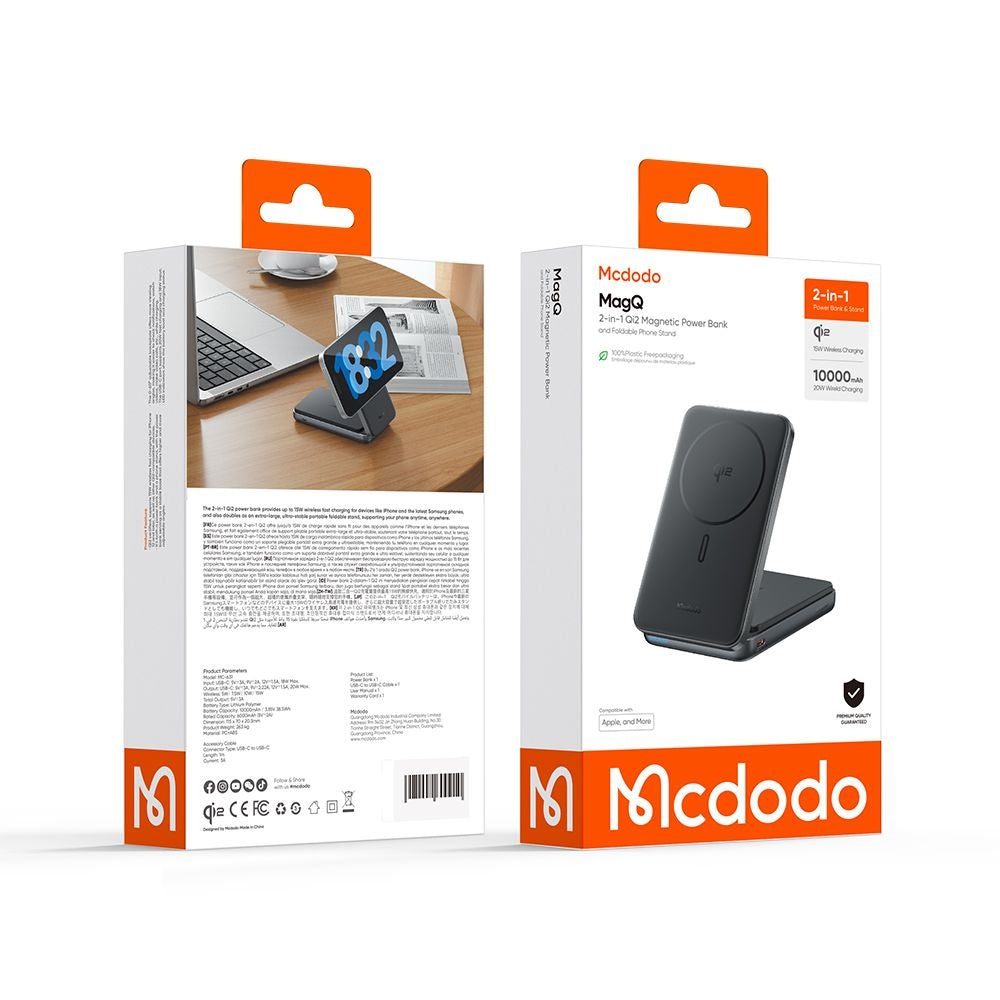 Langaton ulkoinen akku McDodo MC-6310 2in1, 10000mAh, 20W, PD + FQI, 1 x USB-C, Musta