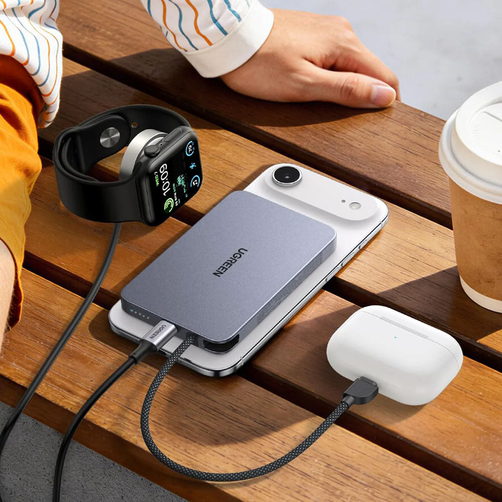Langaton varavirtalähde UGREEN PB570 (65839B), 10000 mAh, 30 W, PD + FQI, 1 x QI – 2 x USB-C, sininen
