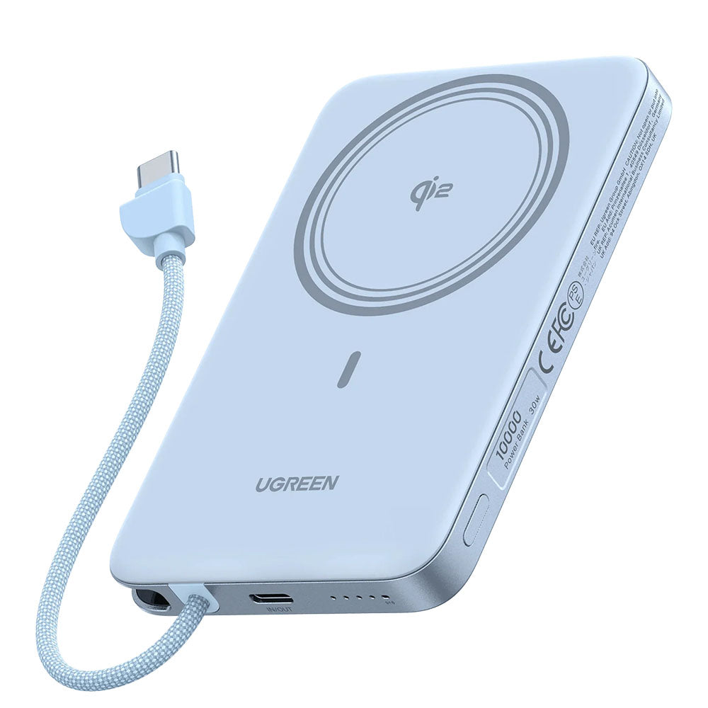 Langaton varavirtalähde UGREEN PB570 (65839B), 10000 mAh, 30 W, PD + FQI, 1 x QI – 2 x USB-C, sininen