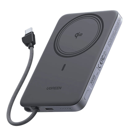 UGREEN PB570 -langaton varavirtalähde (75982B), 10 000 mAh, 30 W, PD + FQI, 1 x QI – 2 x USB-C, harmaa