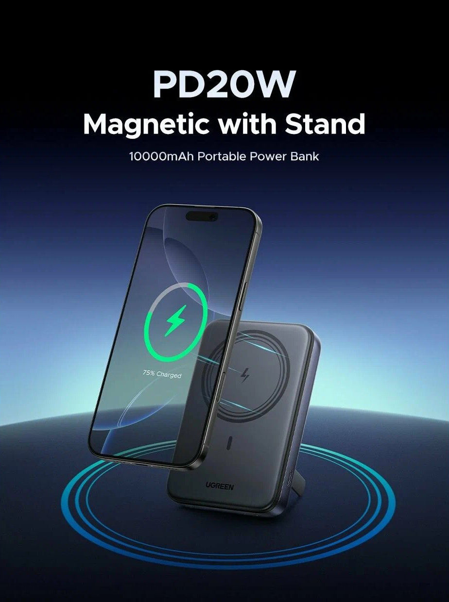 Ulkoinen langaton akku UGREEN PB562, 10000mAh, 20W, PD + FQI, 1 x QI - 1 x USB-C, Musta