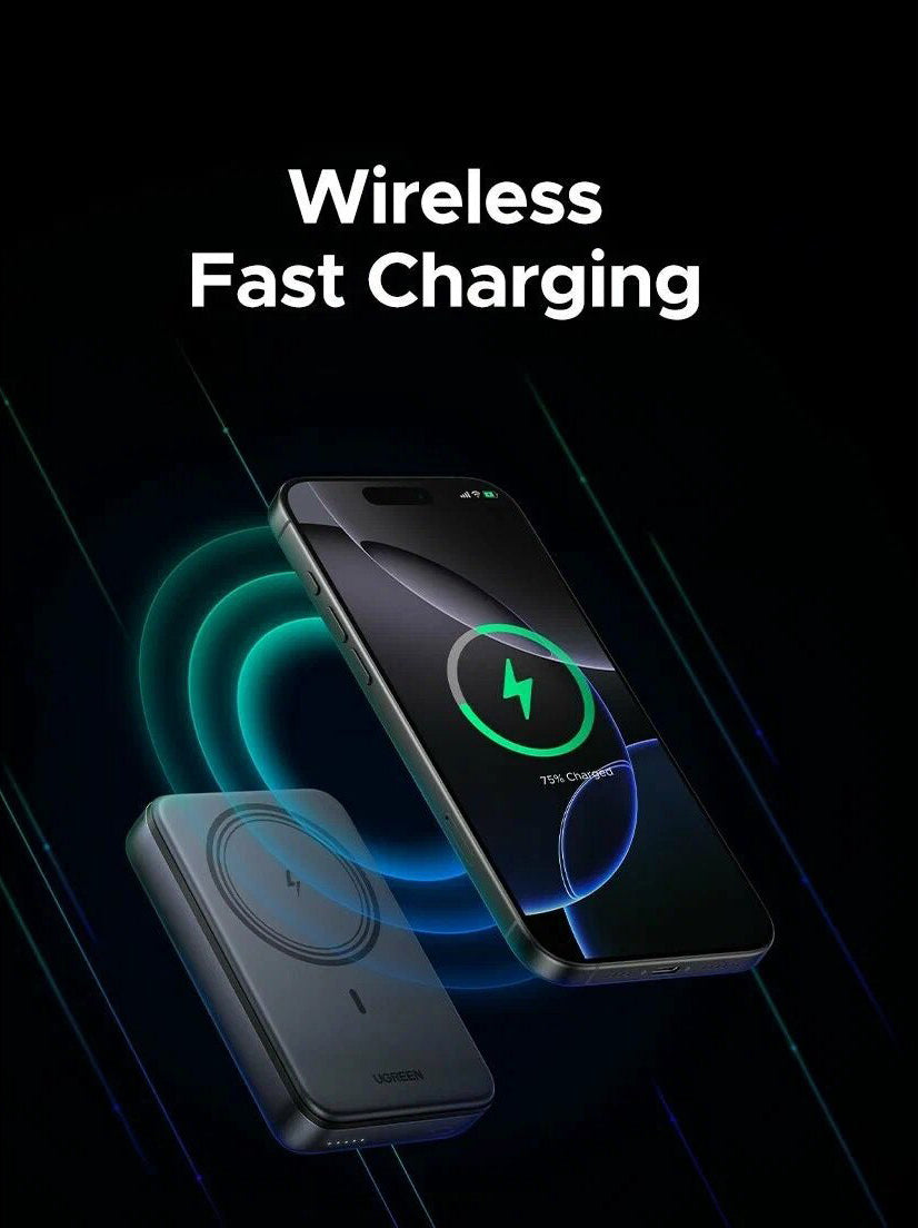 Ulkoinen langaton akku UGREEN PB562, 10000mAh, 20W, PD + FQI, 1 x QI - 1 x USB-C, Musta
