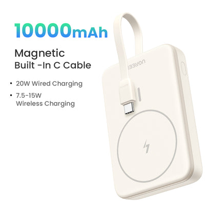 UGREEN PB760 Langaton Ulkoinen Akku, 10000mAh, 20W, PD + FQI, 1 x QI - 1 x USB-C, Beige
